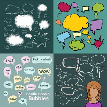 Set of scribble speech bubbles on a green background. illustration