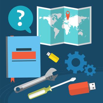 The concept of location settings. Questions and answers on the flash memory and a notebook. World map. illustration