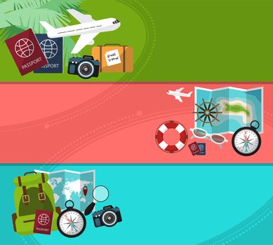 Set of horizontal banners on trips with space for your text. Travel,tourism illustration in flat style. illustration