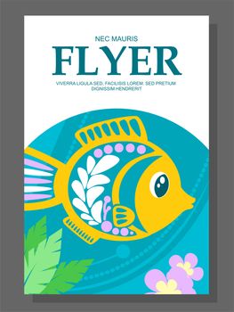 Summer flyer with a decorative fish on the ocean floor and algae near it. illustration