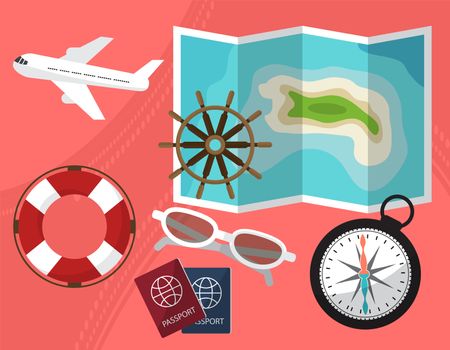 Holidays and travel to the islands with a passport facilities, compass, sunglasses, a lifeline. By plane or ship. illustration