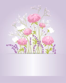 Composition with peonies, lavender and wild flowers. Card. illustration