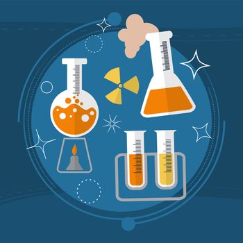 School chemistry. The tubes in the fire. Radiation and propagation of molecules. illustration