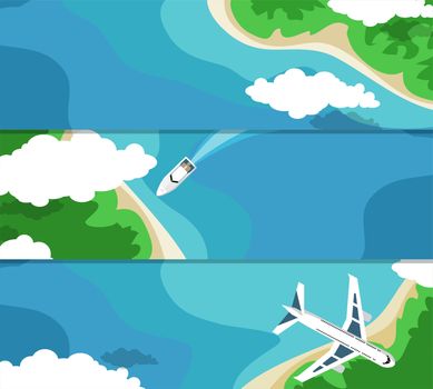 Three horizontal banner with the sea and the islands for your advertising. Flat style. illustration