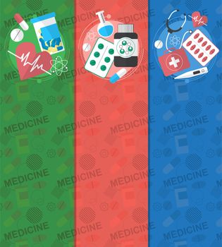 Three medical vertical banners with medical icons in flat style. illustration