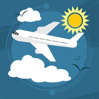 Sunny day. The plane takes passengers to the resort. With seagulls in the sky. illustration