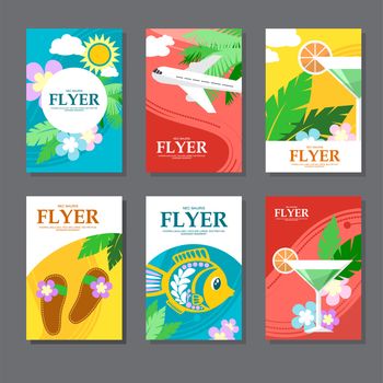 Collection of brightly colored rectangular card on travel and leisure. Flat style. illustration