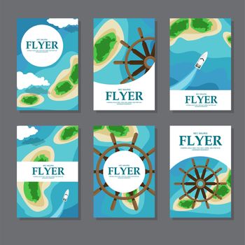 Collection of rectangular cards with sea,islands and wheel. illustration