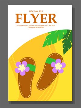 Flyer with Beach shoes on the sandy background. Slippers near palms. illustration