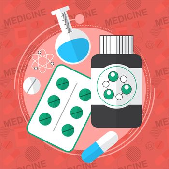 Medicine flat icons set. Pills box, tablets, pill, blister vitamins liquid medicine. illustration