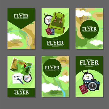 Collection of rectangular cards with maps and tourist facilities. Flat style. illustration