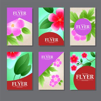 Set of rectangular cards with red and pink flowers for your design. illustration