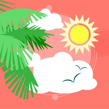 Sunny day at the spa with a view of palm trees and seagulls in the sky. illustration