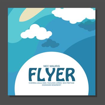 Flyer in flat style with a map of the island to travel and vacation on yacht with clouds in the sky. View from the birds flight. illustration