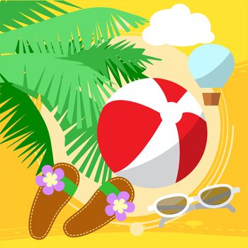 Sunny Beach by the sea with palm trees, playing ball. Walking on the sand in flip-flops and sunglasses. Balloon on a background of the sky. illustration