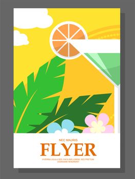 Flyer with a cocktail on the beach. Flowers on sunny weather. illustration