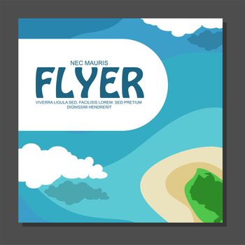 Flyer in flat style with a map of the island to travel and vacation on yacht with clouds in the sky. View from the birds flight. illustration