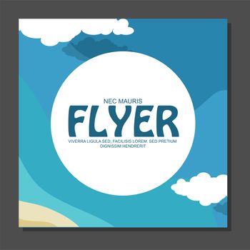 Flyer in flat style with a map of the island to travel and vacation on yacht with clouds in the sky. View from the birds flight. illustration