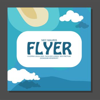 Flyer in flat style with a map of the island to travel and vacation on yacht with clouds in the sky. View from the birds flight. illustration