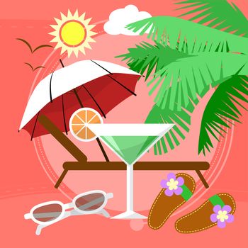 Sunny Beach by the sea with palm trees, playing ball. Walking on the sand in flip-flops and sunglasses. illustration