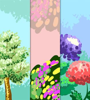 Colored banners with tree, flower and abstraction with space for your advertising. illustration