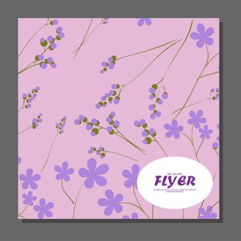 Violet flowers on a flyer. Can be used as greeting cards or wedding invitation. illustration