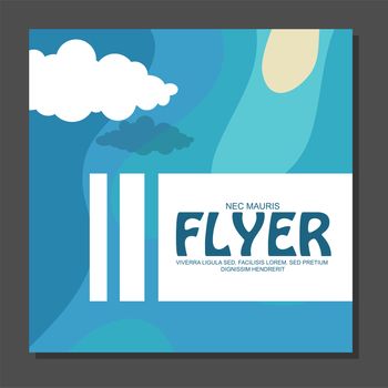 Flyer in flat style with a map of the island to travel and vacation on yacht with clouds in the sky. View from the birds flight. illustration