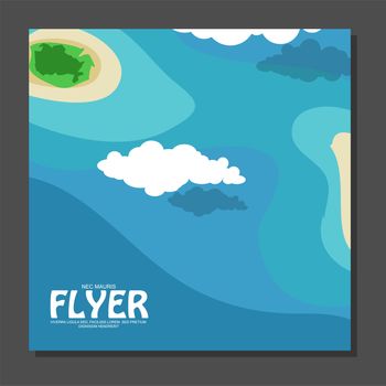 Flyer in flat style with a map of the island to travel and vacation on yacht with clouds in the sky. View from the birds flight. illustration