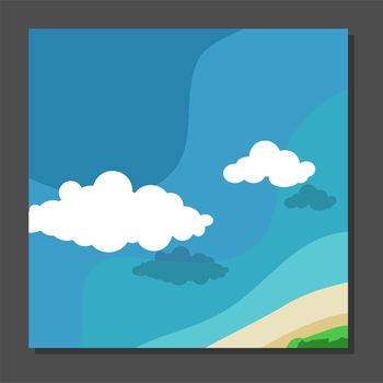 Flyer in flat style with a map of the island to travel and vacation on yacht with clouds in the sky. View from the birds flight. illustration