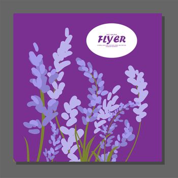 Violet flowers on a flyer. Can be used as greeting cards or wedding invitation. illustration