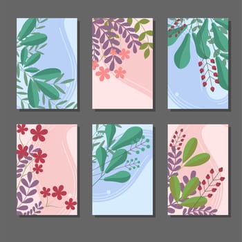 Set of blue and pink vertical cards with flowers, leaves, berries for your design. illustration