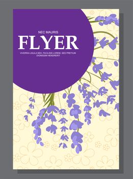 Violet flowers on a flyer. Can be used as greeting cards or wedding invitation. illustration