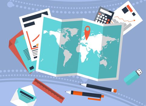 Desk with trip planning and calculation of costs. Graphs, accounting. illustration