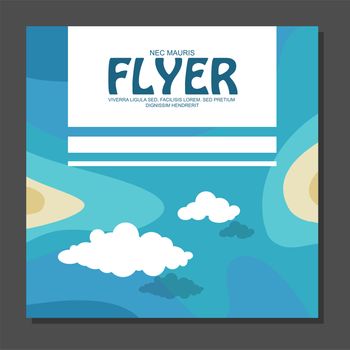 Flyer in flat style with a map of the island to travel and vacation on yacht with clouds in the sky. View from the birds flight. illustration