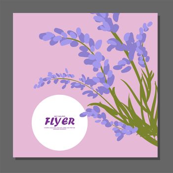 Violet flowers on a flyer. Can be used as greeting cards or wedding invitation. illustration