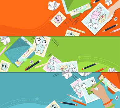 Bright banners with pictures of monsters, folders and stationery. With place for your text. illustration