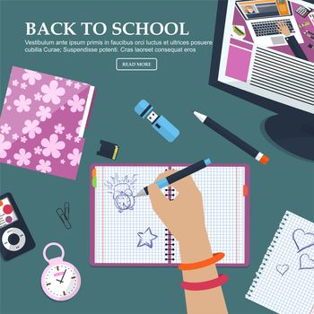 Desk Schoolgirls with exercise books and stationery. With place for your text. illustration