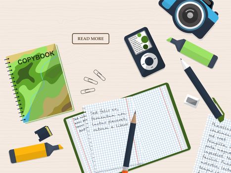 Working student desk with copybook and stationery. With place for your text. illustration