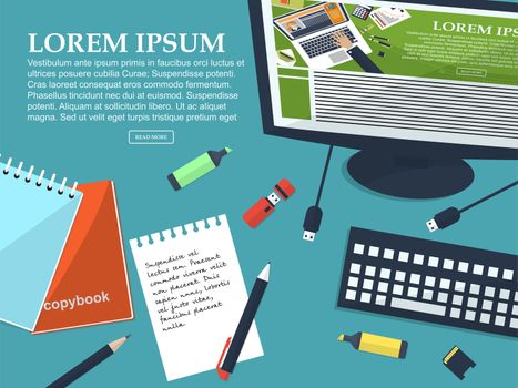 Working student table with place for your text. Flat background. illustration