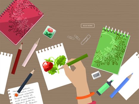 Desktop with notebooks, drawing and stationery. With place for your text. illustration