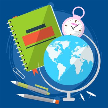 Globe with world map, close the textbook with pen and stopwatch. Geography lesson. Back to school. illustration
