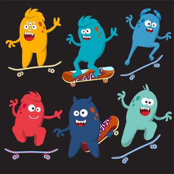 Set of cheerful and colorful cartoon monster who ride skateboards. illustration