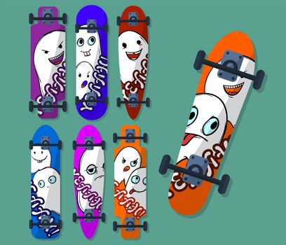 Collection of variegated skateboard with monsters on a light background. illustration