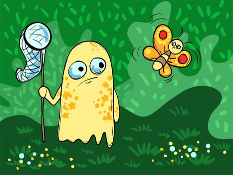 Illustration with cute monster and a butterfly on the background of grass, bushes. illustration