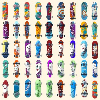 Big Set of skateboards and skateboarding and elements of street style. Painted in bright figures in a cartoon style. illustration