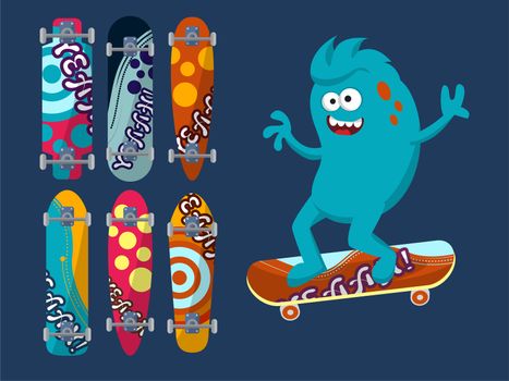 Set of bright skateboard on a dark background with a cheerful blue monster. illustration