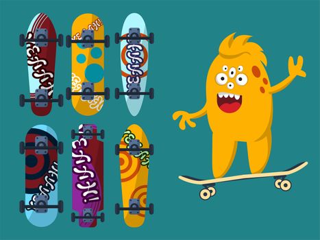 Collection of bright skateboard on a dark background with a yellow monster. illustration