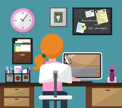 Flat design illustration of room with workspace. Girl at work. illustration