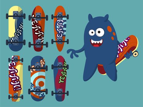 Collection of bright skateboard on a light background with a merry navy blue monster. illustration