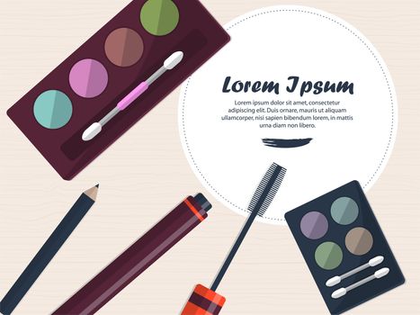 Womens cosmetics for eyes on a table with place for your text. Flat style. illustration